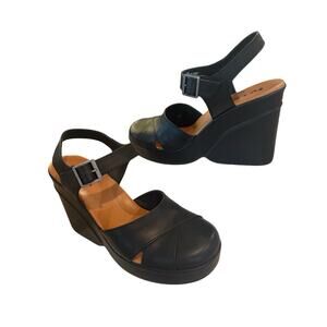 Korks by Kork-Ease Black Wedge Sandals Platform Slingback Comfort Shoes 10M